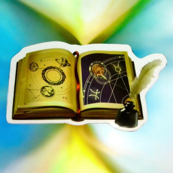 Sticker Astrology Book Quill Mystical Witchy Occult Celestial Magic Cosmic - Picture 1 of 2
